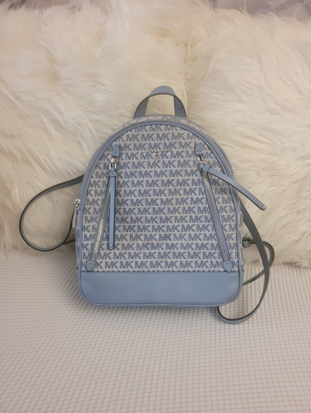 MICHAEL KORS Light Blue Monogram Backpack 12" X 10" X 4"
